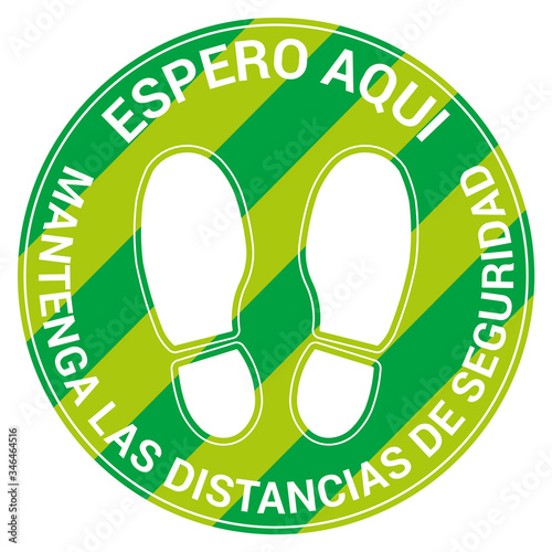 Floor signal for social distancing antivirus, spanish language, vector illustration
