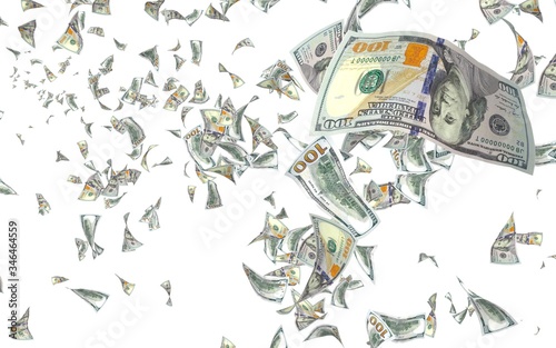 Flying dollars banknotes isolated on white background. Money is flying in the air. 100 US banknotes new sample. 3D illustration