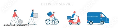 Courier delivering service. Order from online store, deliveryman box, bike,scooter.