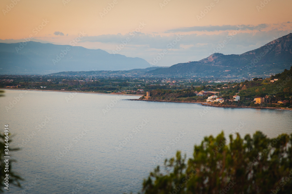 Panorama at sunset from Agropoli in Cilento, Campania, Italy.