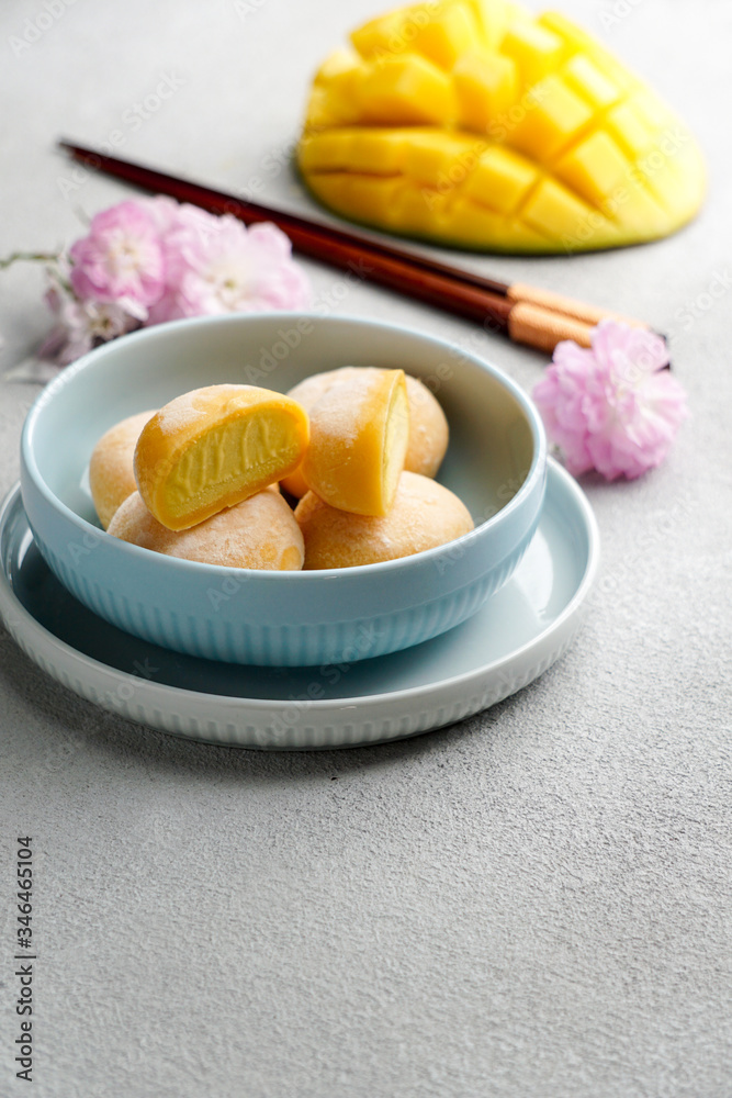 mochi ice cream with mango, traditional japonese rise sweets mochi ice cream with mango, traditional japonese rise sweets