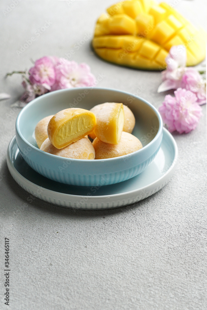 mochi ice cream with mango, traditional japonese rise sweets mochi ice cream with mango, traditional japonese rise sweets