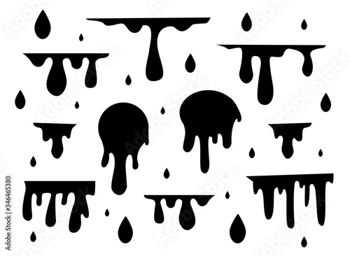 Black dripping water, sauce or paint current vector silhouettes isolated. Liquid splash, splatter border, trickle leak illustration
