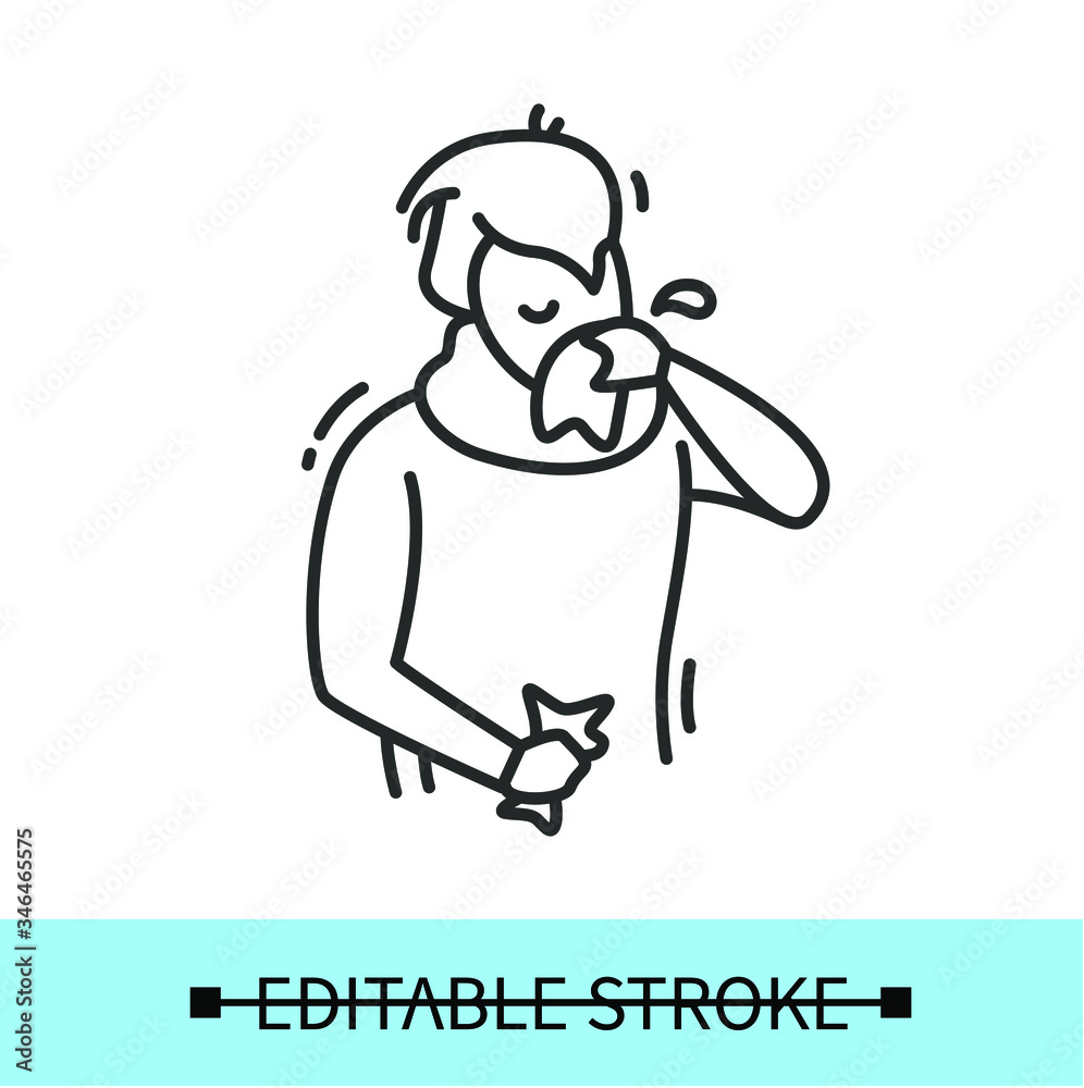Runny nose line icon.Common cold.Flu infection and influenza symptoms .Character blowing his nose in a handkerchief. Allergy.Isolated linear vector character illustration.Editable stroke