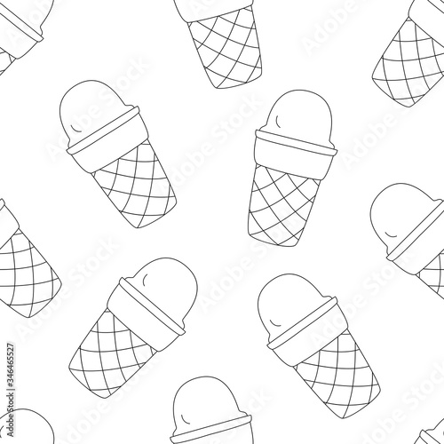 Seamless pattern with ice cream in a waffle cone. Vector illustration for printing on packaging, packaging paper, fabric, banner, poster. Cute children's background.