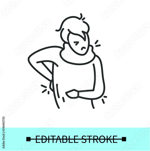 Muscle or back aches line icon.Character with stomach,flu,cold pain problems.
Health problem.Isolated linear vector character illustration.Editable stroke
