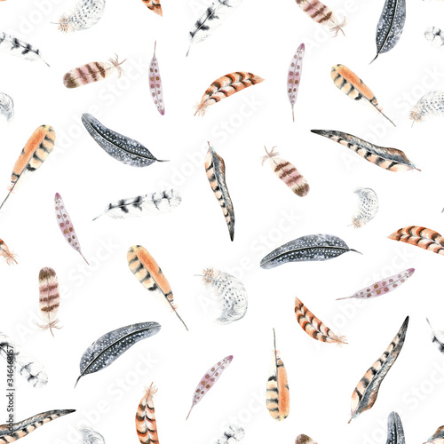Seamless pattern with watercolor striped and polka dots feathers. Feather of a pheasant, owl and other birds.