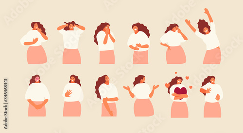 Set girl character with different emotions and gestures. Vector illustration