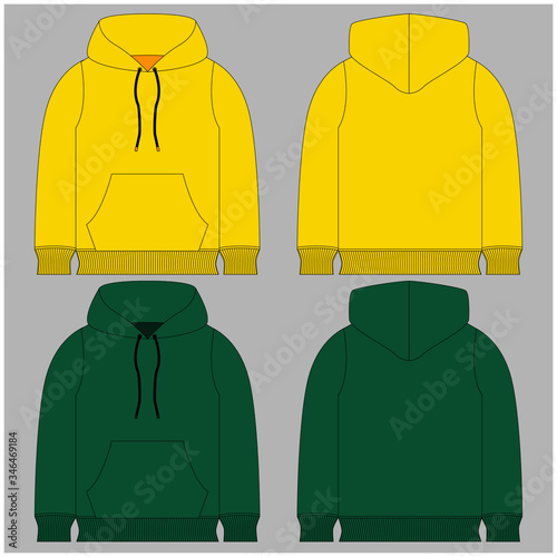 Hoody with a long sleeve and a round neck. Clothing for women and men. Set of colored unisex hoodie with hood. Rear and front view. Basic casual clothing and sports. oversize clothes. Vector illustrat