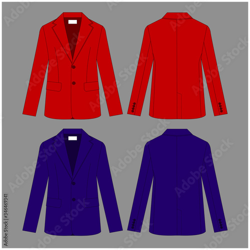 Classic jacket for women and men. Set of color unisex blazers. Rear and front view. Basic clothes in business style. Dress-coat. Business attire. A uniform. Vector illustration