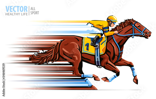 Jockey on racing horse. Sport. Champion. Hippodrome. Racetrack. Equestrian. Derby. Speed. Isolated on white background. Vector illustration