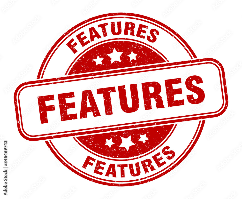 features stamp. features round grunge sign. label features stamp. features round grunge sign. label