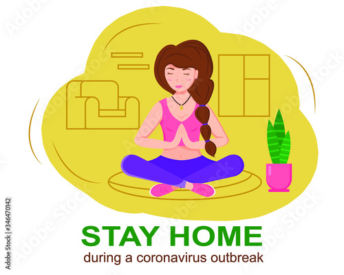 Vector illustration in flat style. Stay home during a coronavirus outbreak. Happy woman with freckles. Doing yoga, keeps balance. Girl is protected