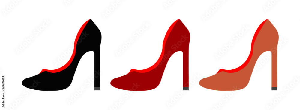 Demi-season women's shoes. Fashionable high heel shoes.
Women's boats in classic colors: black, beige and red. Vector graphics.