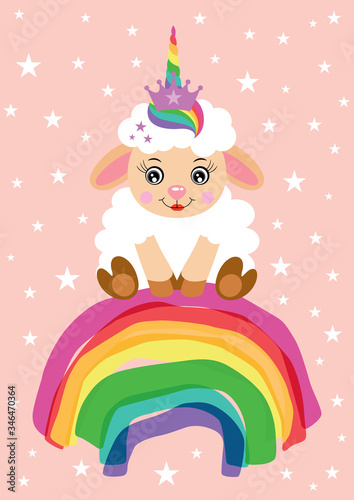 Greeting card with cute unicorn lamb sitting on rainbow 