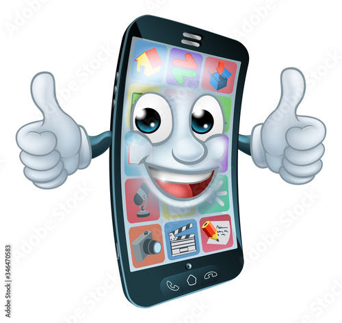 A mobile phone cell mascot cartoon character giving a thumbs up graphic illustration