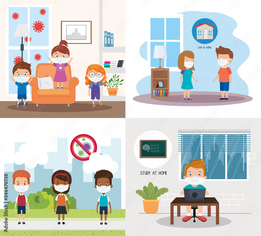 set scenes of children using face mask vector illustration design set scenes of children using face mask vector illustration design