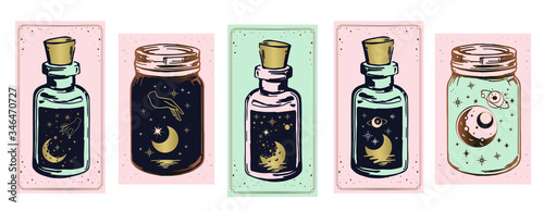 witch's magic potions, moon and stars in a jar, mystical drawing: human hands hold the moon. Sacred geometry. ector illustration Print, poker, t-shirt, postcard.
