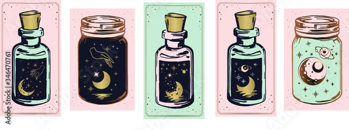 witch's magic potions, moon and stars in a jar, mystical drawing: human hands hold the moon. Sacred geometry. ector illustration Print, poker, t-shirt, postcard.
