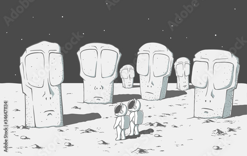 alien stone monolithic statues in space