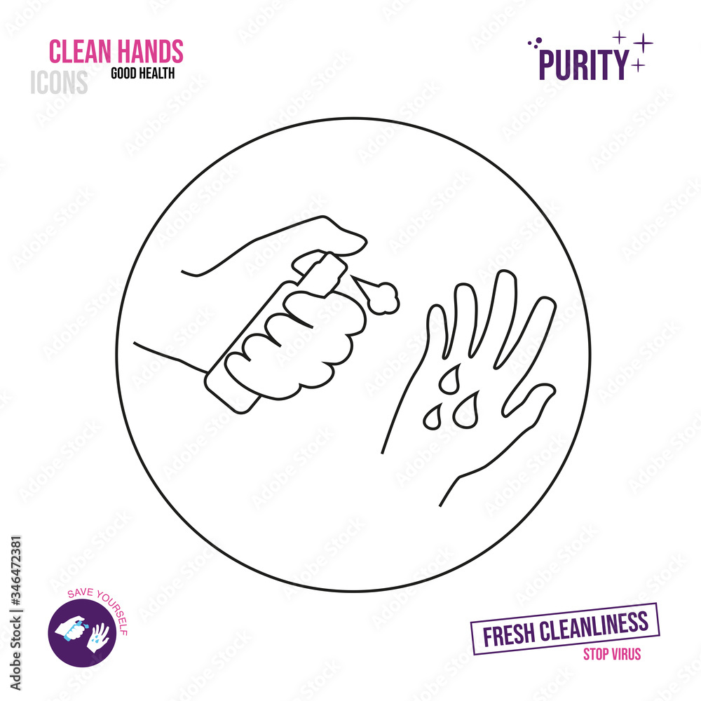 Fototapeta premium Thin line icon. Icon of a hand holding a bottle with an antiseptic. Spray Application of spray on hands