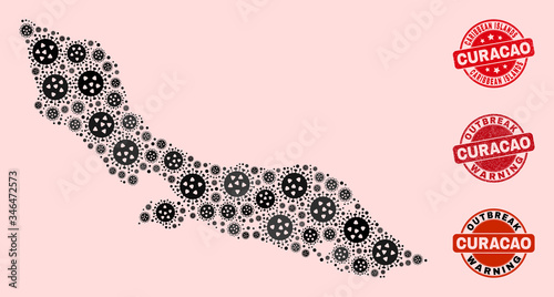 Outbreak combination of virus mosaic Curacao Island map and rubber seal stamps. Vector red watermarks with corroded rubber texture and Outbreak Warning caption.