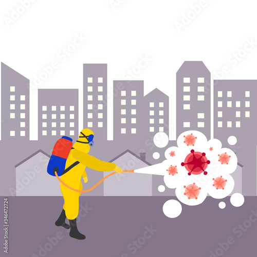 Man in hazmat suit cleaning and disinfecting covid19 Coronavirus cells in public of city. Clean and kill virus pathogen prevent outbreak spreading concept. Design for banner, poster.