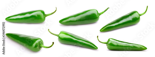 Green chili pepper. Chili pepper collection isolated with clipping path. Full depth of field photo