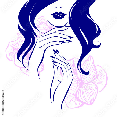 Beautiful woman with sexy lips, hand with manicure nails polish, volume hairs, element design, nails studio. Beauty Logo. Flowers background.  Vector illustration