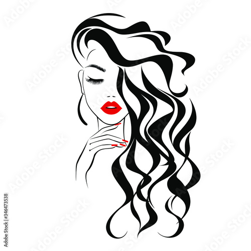 Beautiful sexy face, red lips, hand with red manicure nails, fashion woman, element design, nails studio, curly hairstyle, hair salon sign, icon. Beauty Logo. Vector illustration. Hand drawing style.