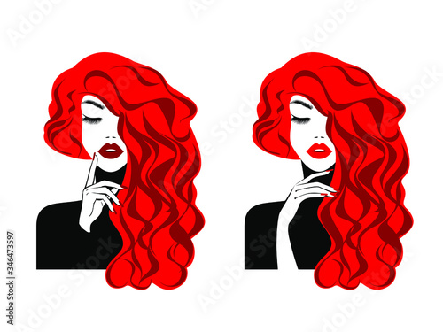 Beautiful sexy face, red lips, hand with red manicure nails, fashion woman, element design, nails studio, curly hairstyle, hair salon sign, icon. Beauty Logo. Vector illustration. Hand drawing style.
