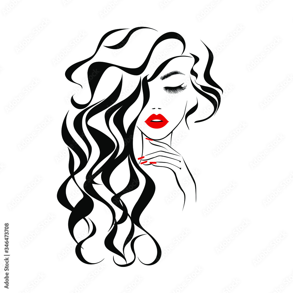 Beautiful sexy face, red lips, hand with red manicure nails, fashion ...