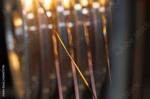 Production of cable wire at cable factory close up. Industrial background