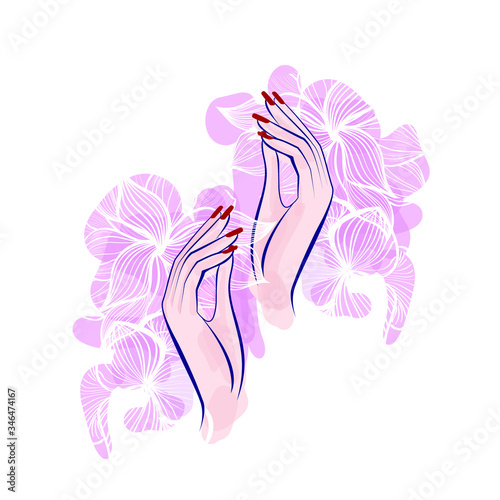 Hand with red manicure nails. Beauty Logo, nails art. Vector illustration, diadem flowers, butterflies, abstract flowers, spa salon, sign, symbol, nails studio. Watercolor background.