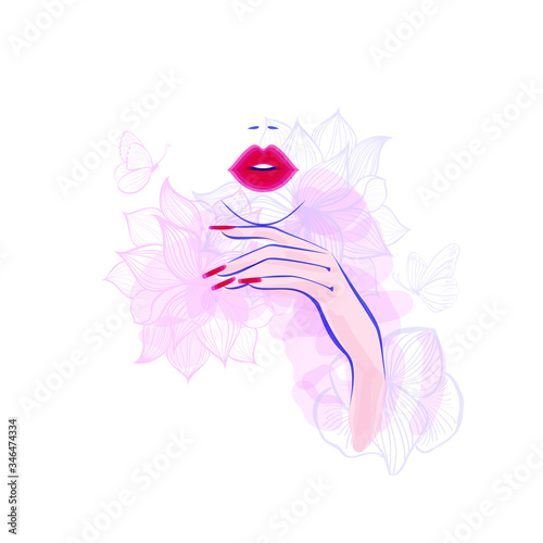 Red lips, hand with red manicure nails. Beauty Logo, nails art. Vector illustration, diadem flowers, butterflies, abstract flowers, spa salon, sign, symbol, nails studio. 
