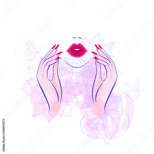 Red lips, hand with red manicure nails. Beauty Logo, nails art. Vector illustration, diadem flowers, butterflies, abstract flowers, spa salon, sign, symbol, nails studio. 