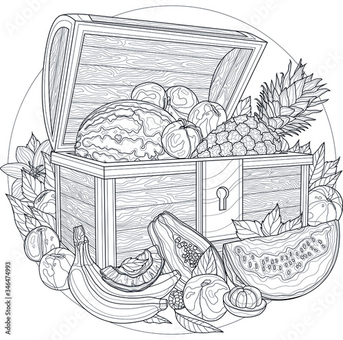Fruit chest.Pineapple, watermelon, peaches, coconut, mangosteen, 
banana,papaya, raspberries.Coloring book antistress for children and adults. Illustration isolated on white background. Outline style