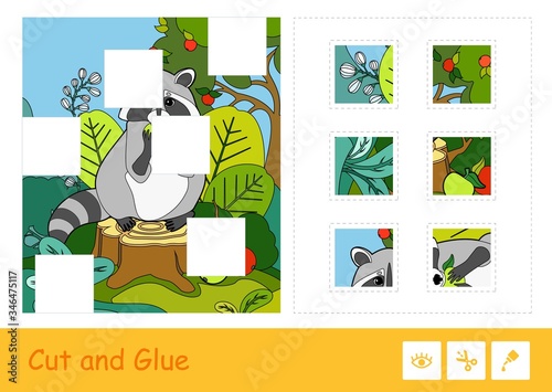 Cut and glue vector puzzle learning children game with colorful image of a raccoon eating an apple in a wood.