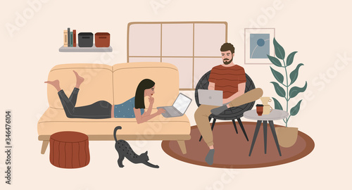 A young family, women and man work at home quarantine time, comfortable apartments, freelance online job, a cozy interior. Stay safe, Covid-19, coronavirus. Vector illustration in flat cartoon style. 
