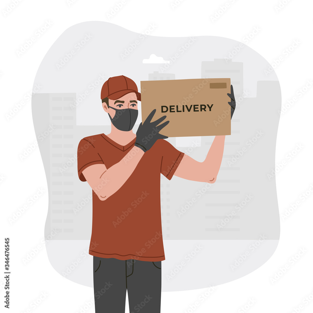 Concept of safe delivery during quarantine, courier in a respiratory mask with a box in his hands. Vector illustration, white isolated background. Concept of safe delivery during quarantine, courier in a respiratory mask with a box in his hands. Vector illustration, white isolated background.