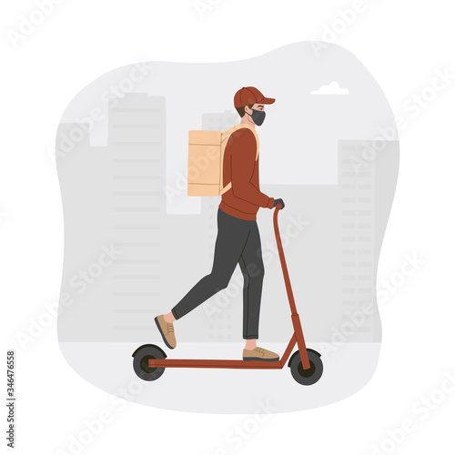 Concept of online delivery, quarantine time, courier in a respiratory mask on an electric scooter. Vector illustration, in flat style, white isolated background.