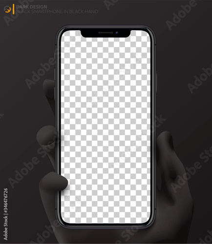 Mockup smartphone space gray color holding in hand Isolated on dark background with blank screen for your design. Realistic vector illustration