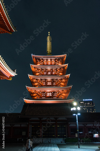 Five storey pagoda of Sensoji (Sensō-ji) temple at night. Tokyo Japan