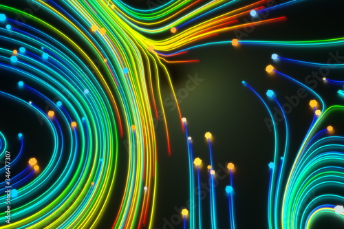 Neon glowing twisted cosmic lines on the glossy surface. Turbulence curls flow colorful motion. Fluid and smooth astronomy vortex swirl structure. 3d rendering Abstract creative modern background