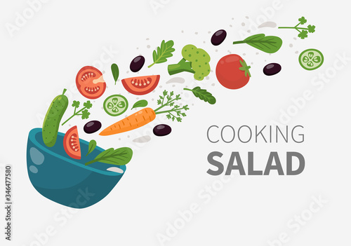 Cooking Calad. Healthy Food concept. Fresh organic Vegetables fly from bowl. Vector illustration concept.