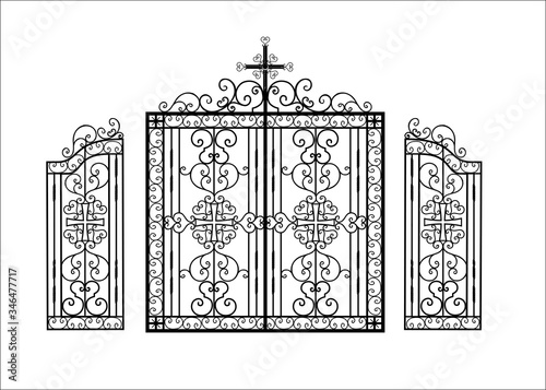 Wrought iron gates for a temple or church. Christian religion pattern. The fence is made of metal. Art hot forging. Vector illustration..