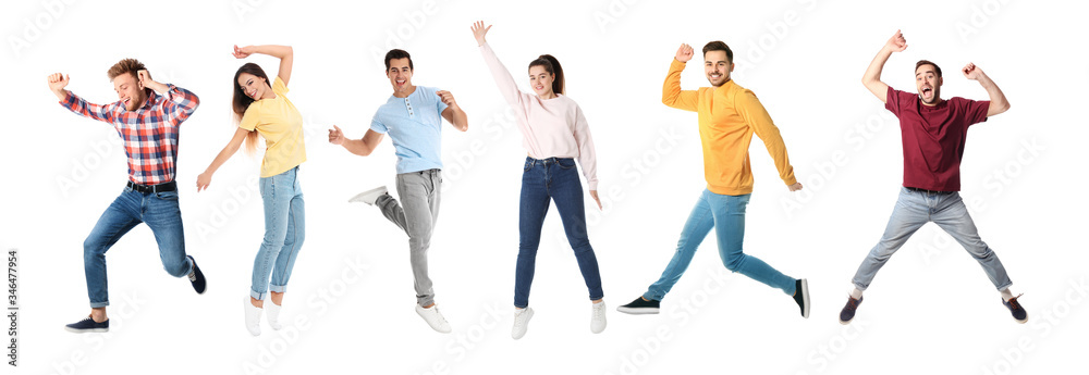 Collage of emotional people jumping on white background. Banner design Collage of emotional people jumping on white background. Banner design