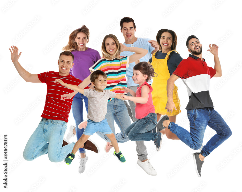 Collage of emotional people jumping on white background Collage of emotional people jumping on white background