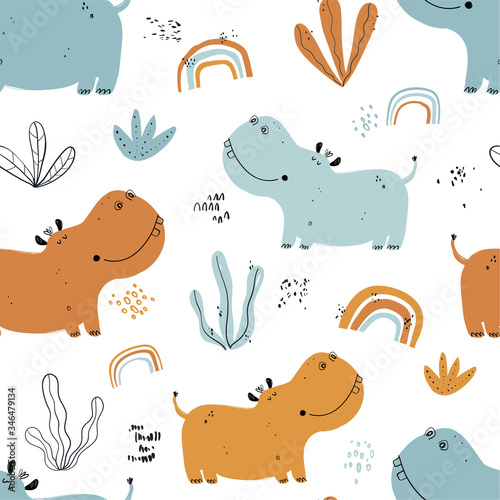 Vector hand-drawn color childish seamless repeating simple flat pattern with hippos, rainbow, plants in Scandinavian style on a white background. Cute baby animals. Pattern for kids with animals.
