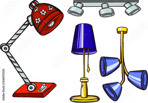 lamps, set. Chandeliers, lamps, bulbs - elements of modern interior, beautiful icon collection. Vector illustration, isolated.